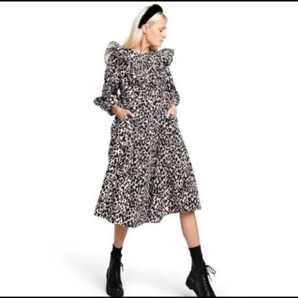 Sandy Liang x Target Leopard Print Ruffle Tiered Midi Dress Black White Small NW